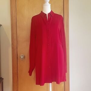 Susan Graver Stretch Peachskin Button-front Shirt, Scarlett Red, Ize Small